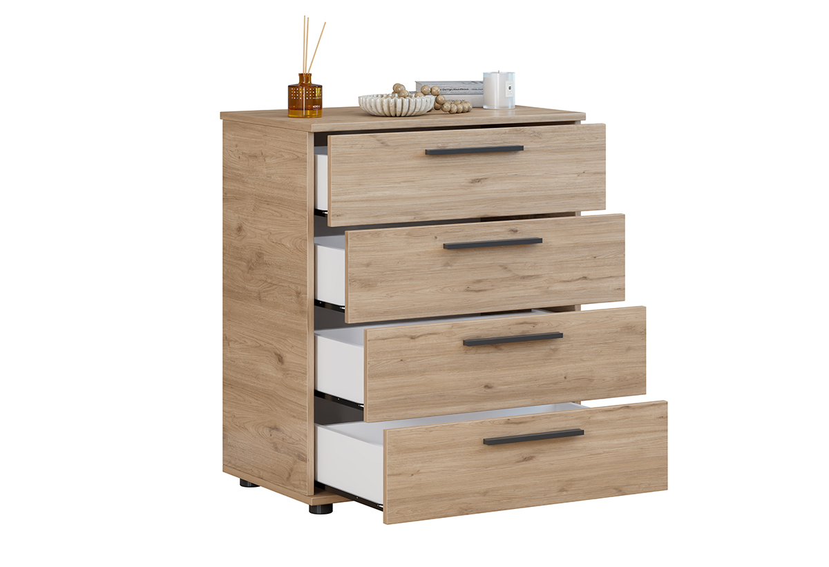 Απεικονίζεται η συρταριέρα με τα συρτάρια της ανοιχτά.